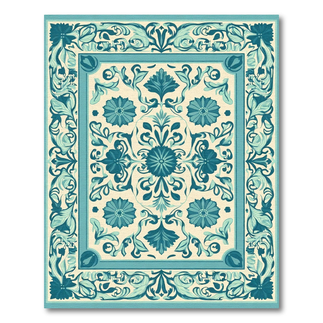 Turquoise Cream Floral Scrollwork Medallion Rug