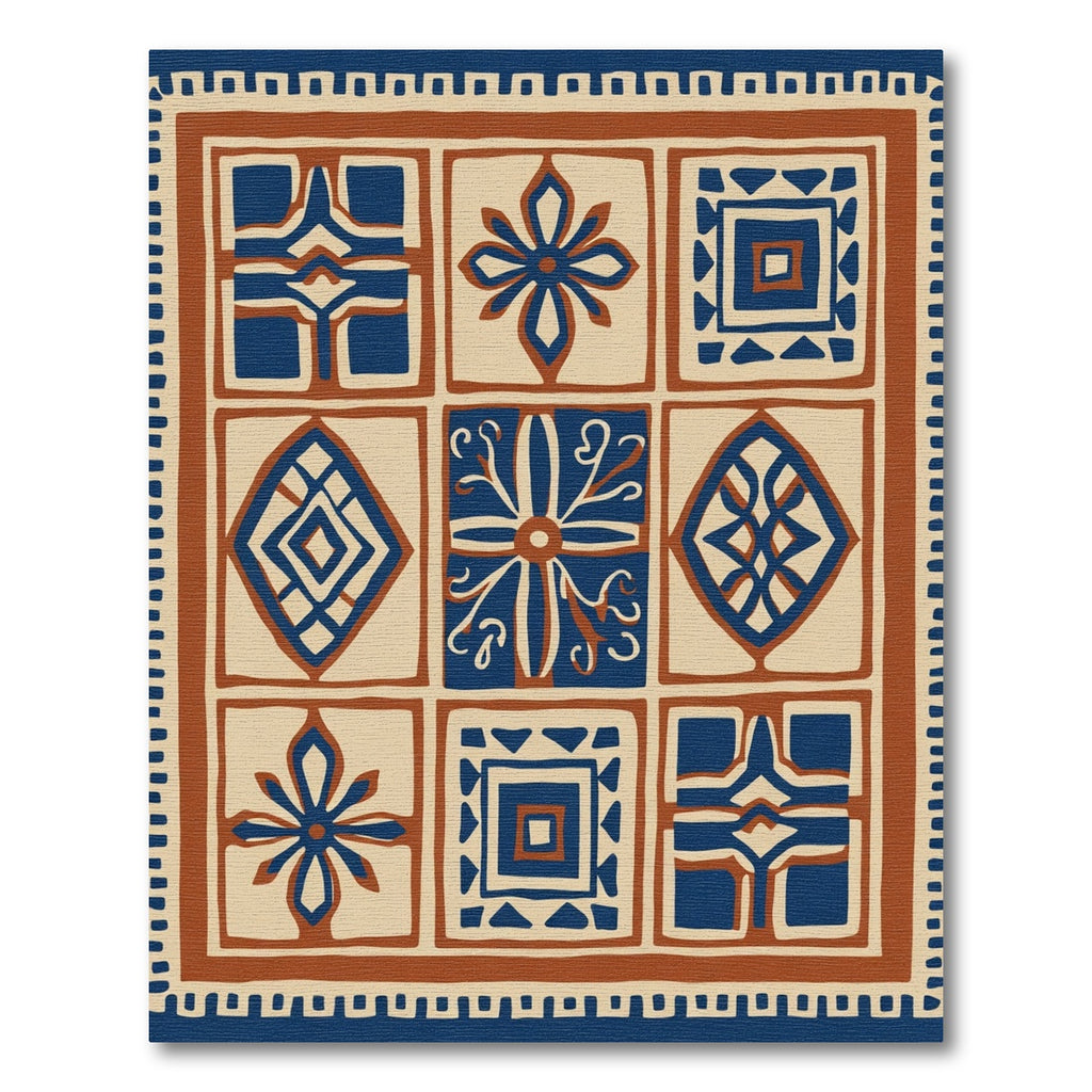 Indigo Terracotta Grid Mosaic Art Rug
