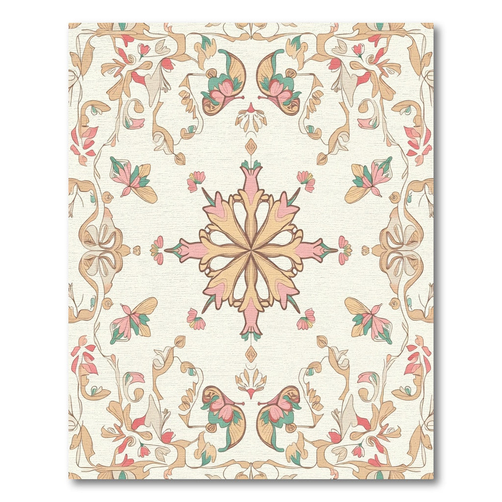 Soft Blush Pink Golden Floral Swirl Rug