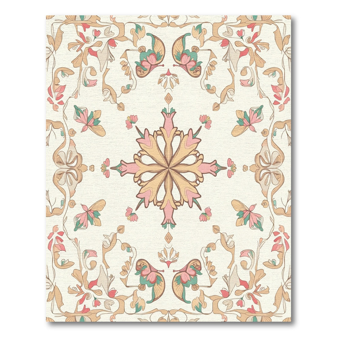 Soft Blush Pink Golden Floral Swirl Rug
