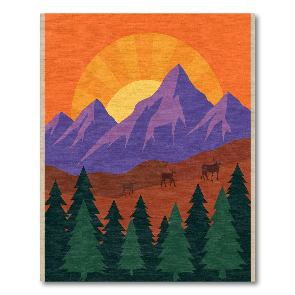 Vibrant Sunset Mountain Deer Forest Scene Rug