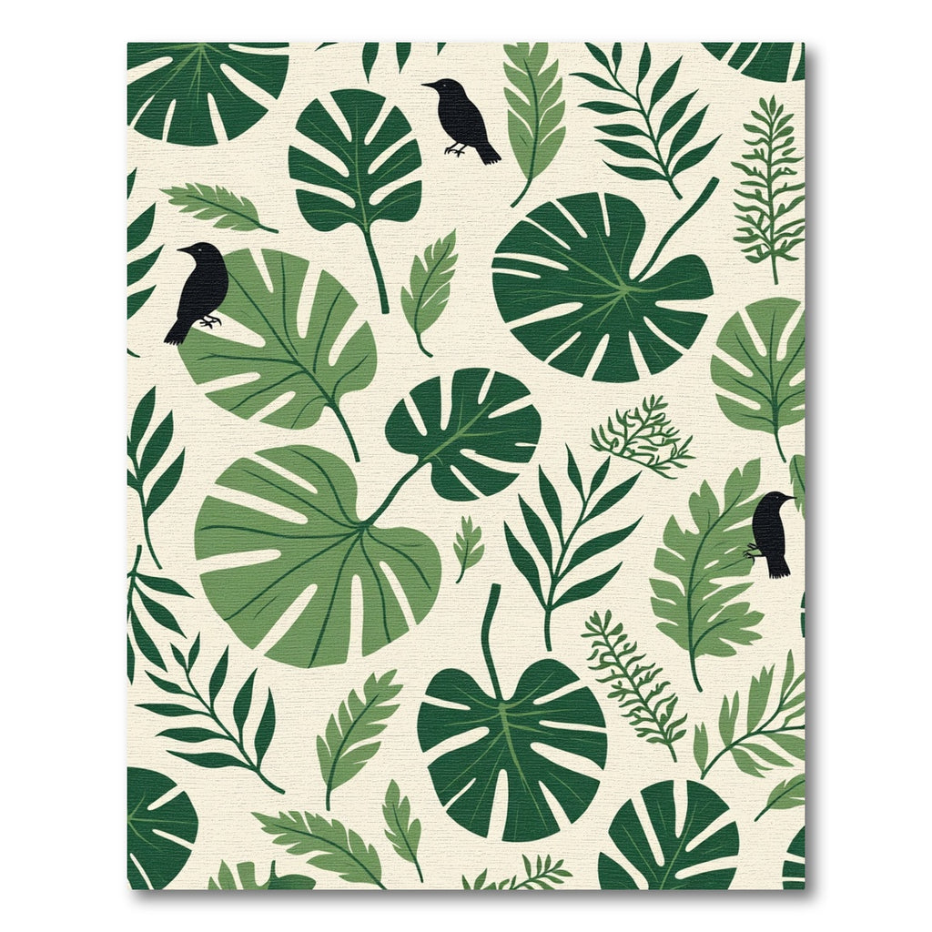 Tropical Greenery and Black Bird Collage Rug