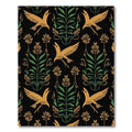 Golden Birds Green Foliage Black Rug