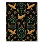 Golden Birds Green Foliage Black Rug