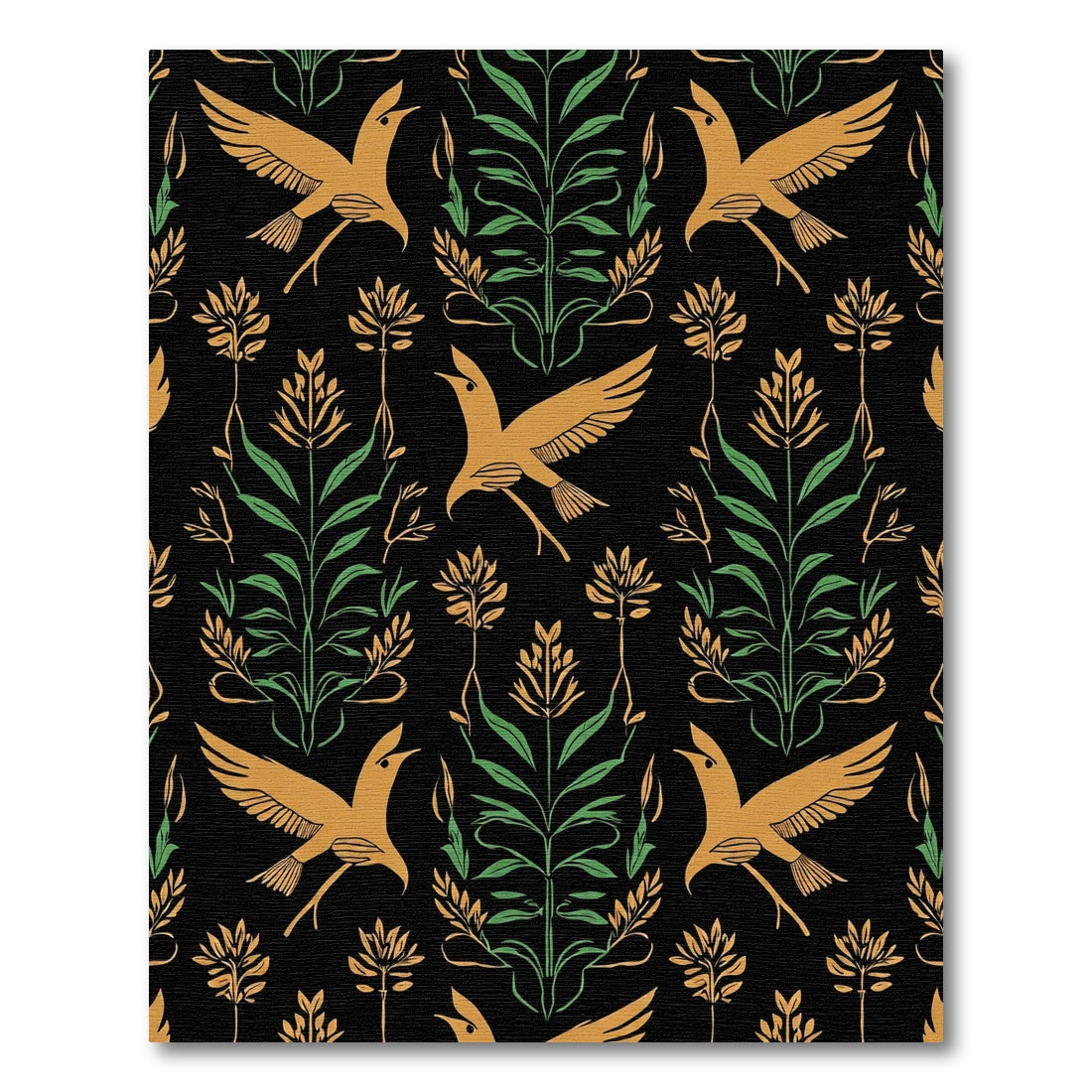 Golden Birds Green Foliage Black Rug