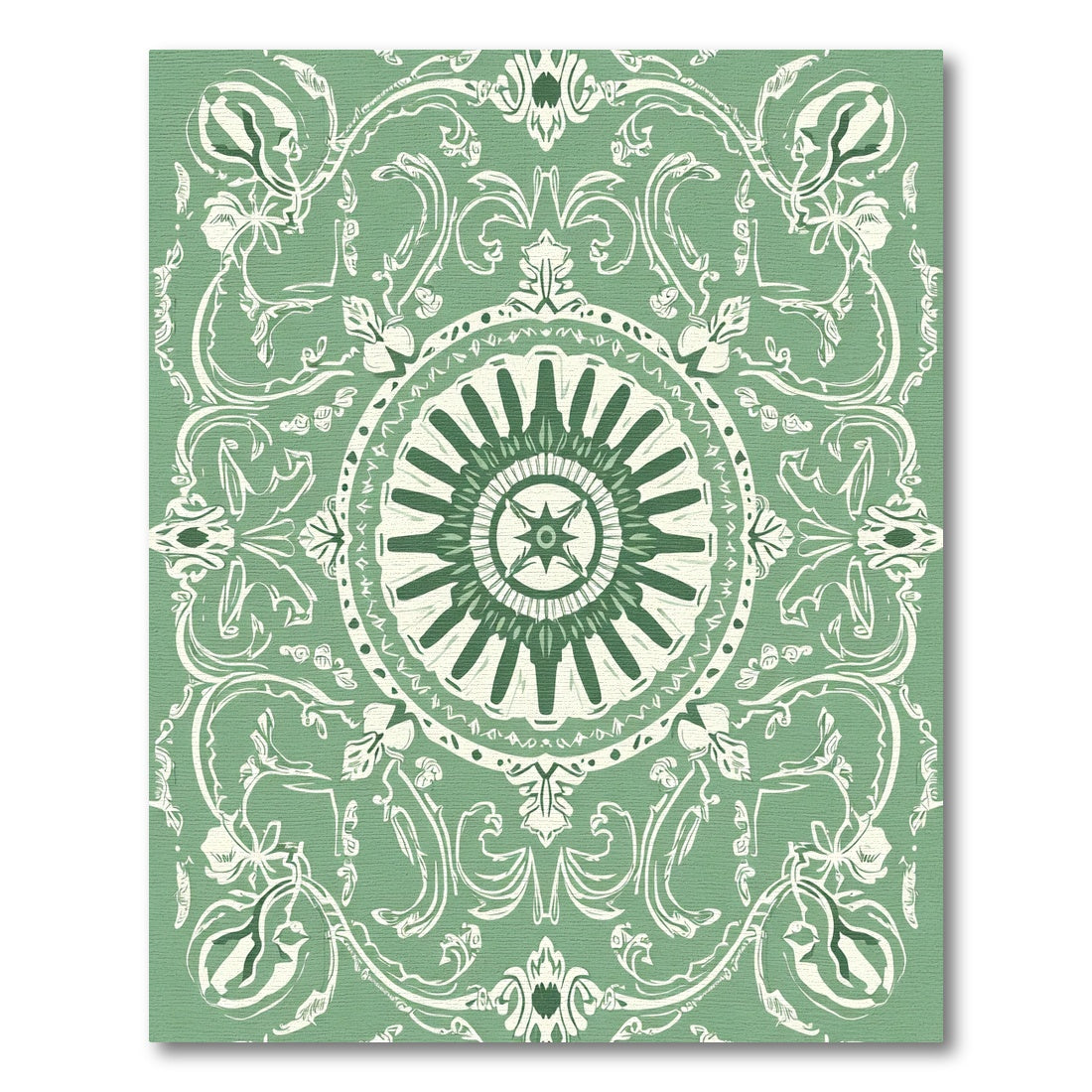 Sage Green Floral Medallion Scrollwork Rug