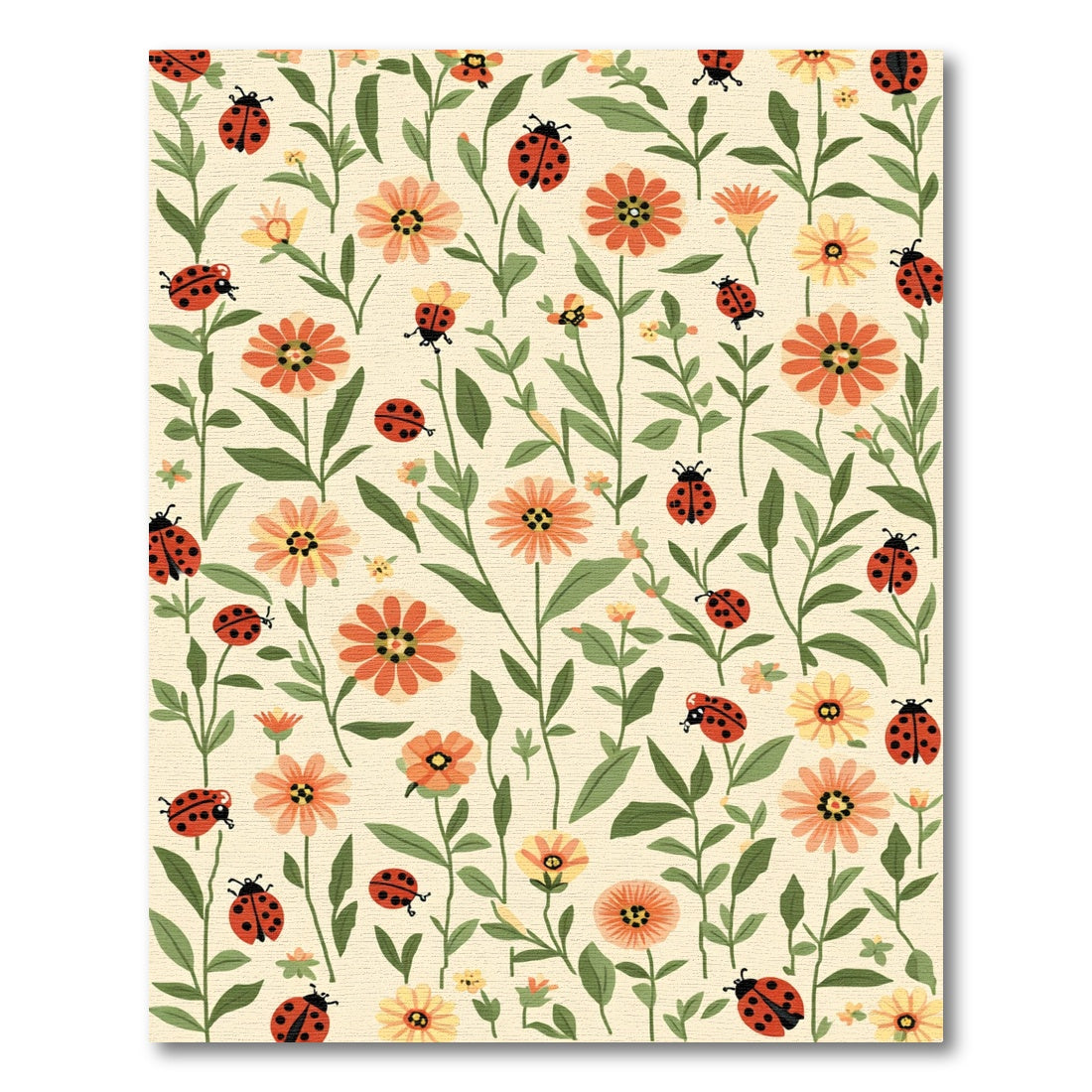 Red Ladybug Floral Garden Print Rug