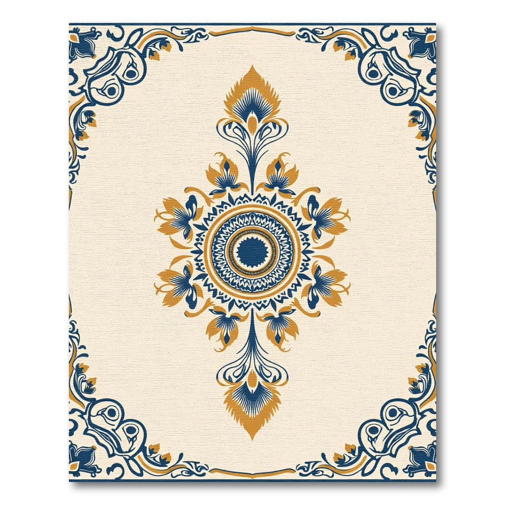 Navy Gold Arabesque Floral Round Rug
