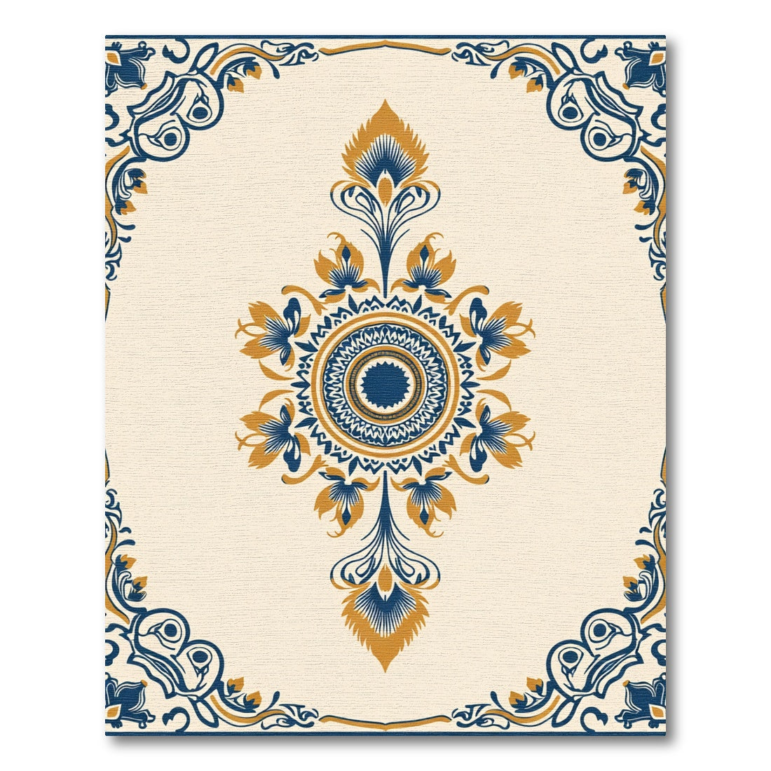 Navy Gold Arabesque Floral Round Rug