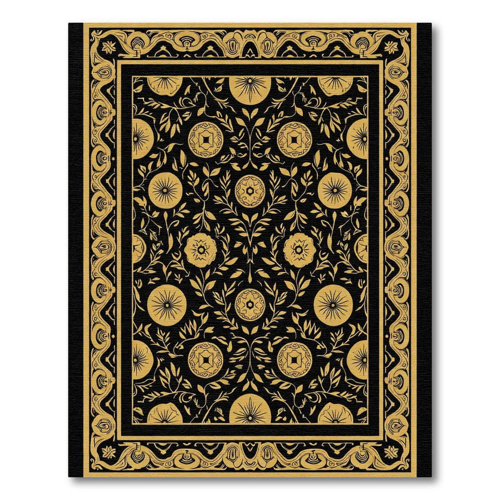 Black Gold Vintage Floral Border Rug