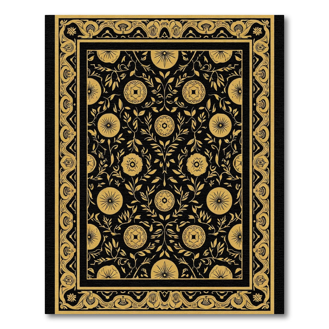 Black Gold Vintage Floral Border Rug