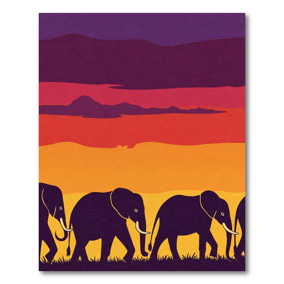 Vibrant Purple Sunset Elephant Herd Rug