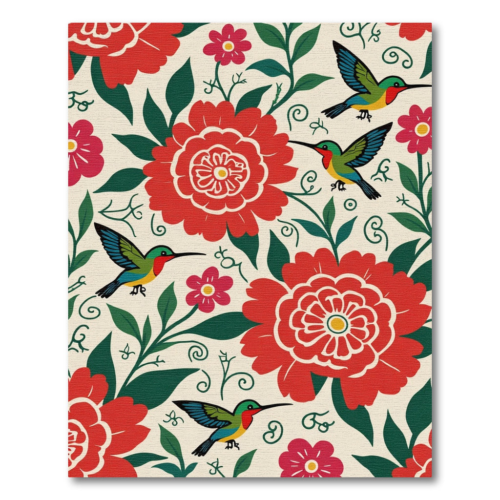 Crimson Floral Birds Whimsical Garden Rug