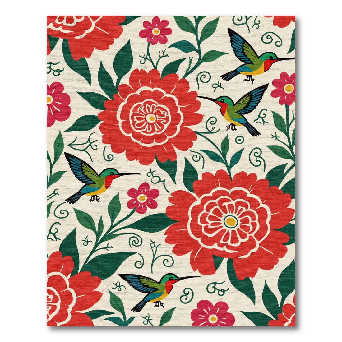 Crimson Floral Birds Whimsical Garden Rug