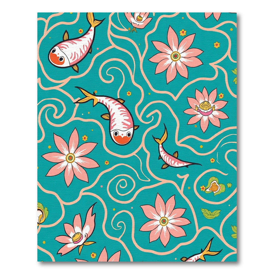 Whimsical Pink Koi Floral Teal Swirl Rug