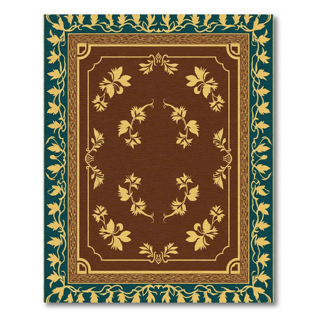 Brown Floral Medallion Teal Border Rug