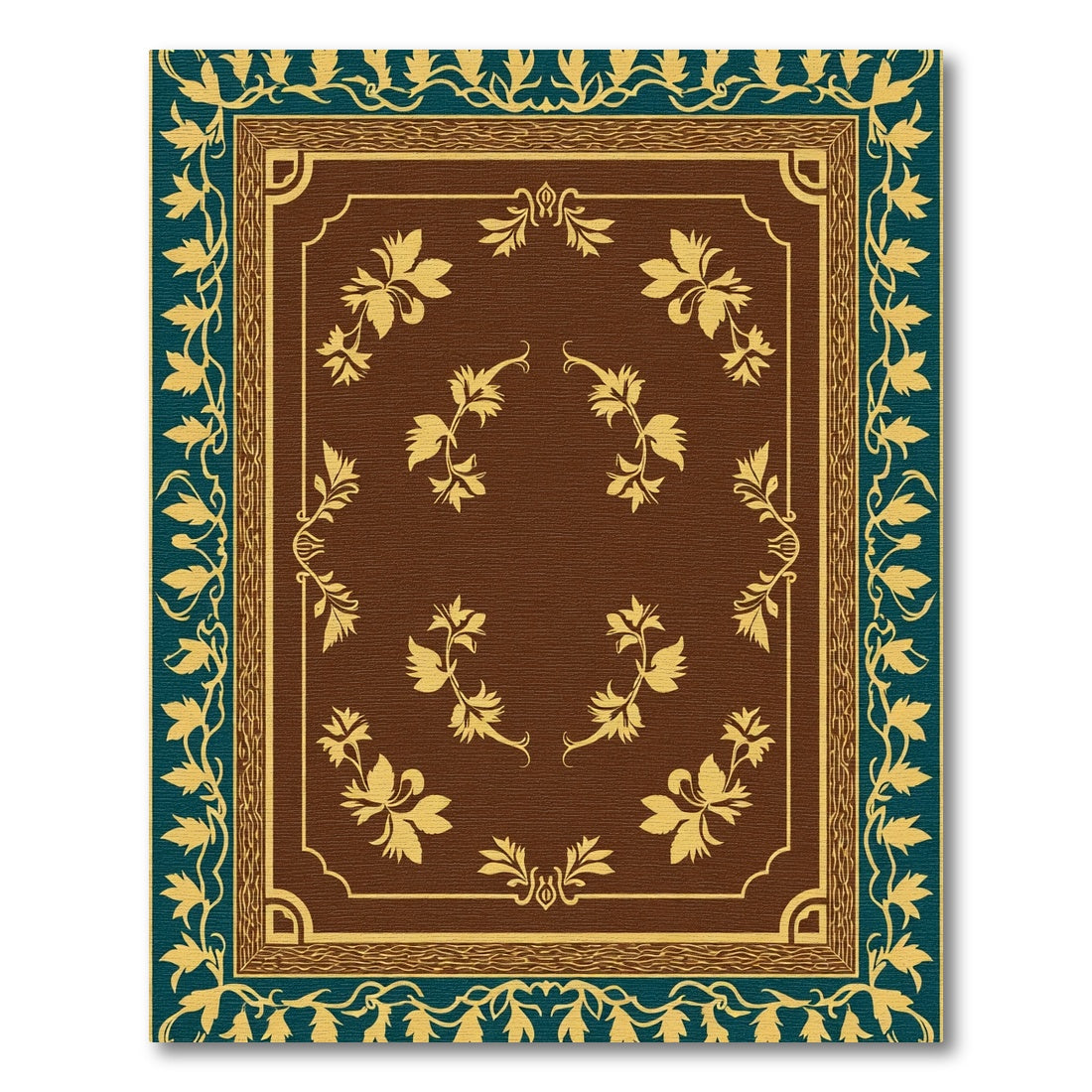 Brown Floral Medallion Teal Border Rug