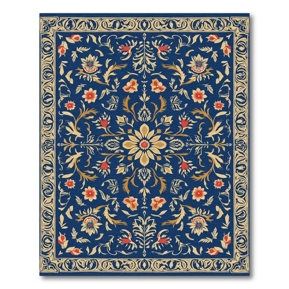 Dark Blue Floral Medallion Garden Rug