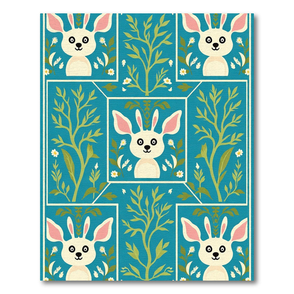 Teal Whimsical Rabbit Garden Border Rug