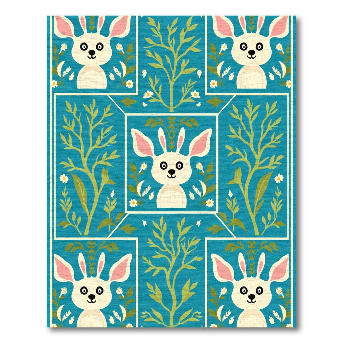 Teal Whimsical Rabbit Garden Border Rug