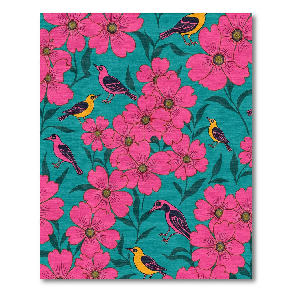 Pink Floral Birds Teal Background Rug