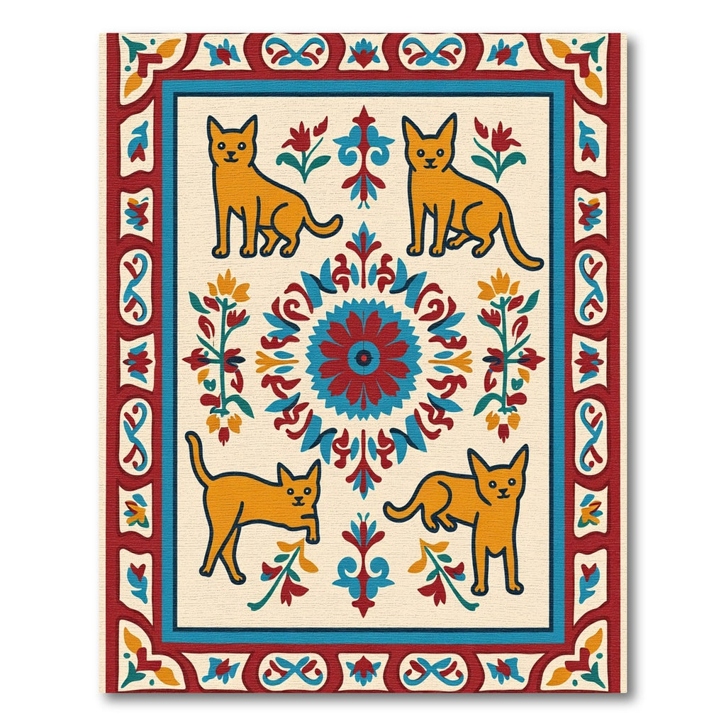 Golden Cats Central Medallion Border Rug