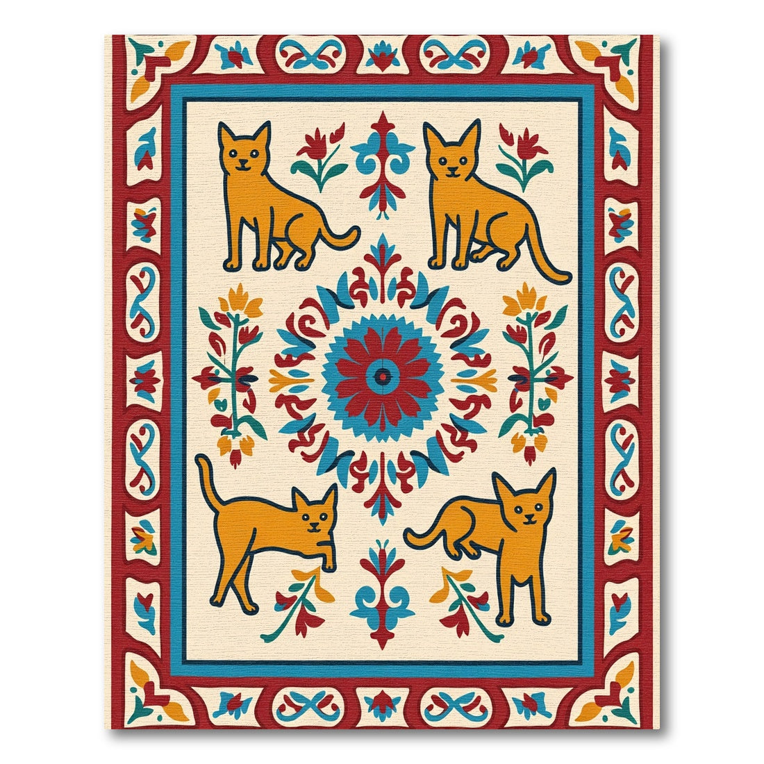 Golden Cats Central Medallion Border Rug