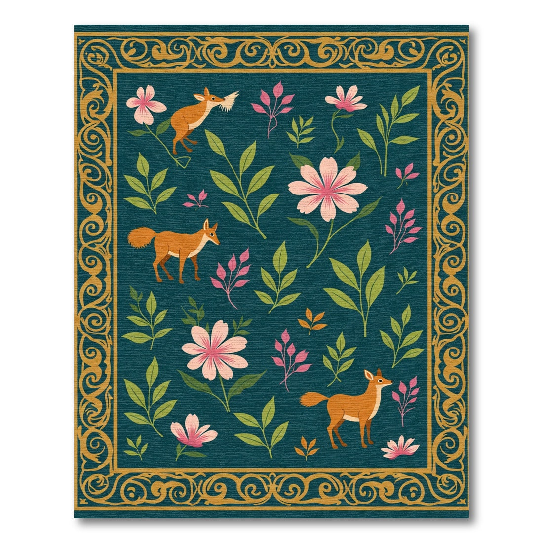Golden Bordered Fox and Floral Meadow Rug