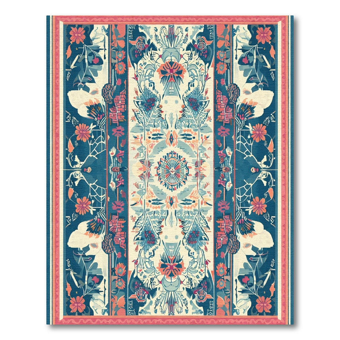 Ornate Teal Orange Floral Medallion Rug