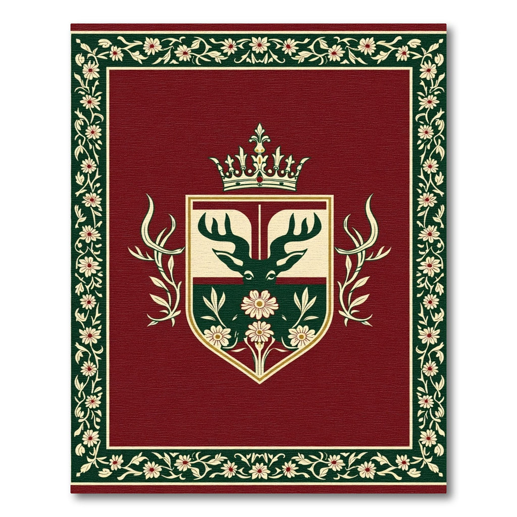 Regal Deer Crest Red Floral Border Rug
