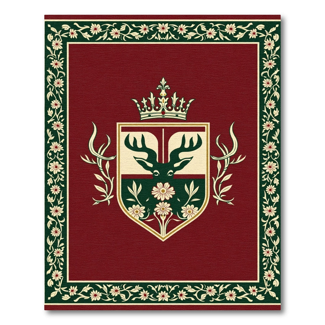 Regal Deer Crest Red Floral Border Rug