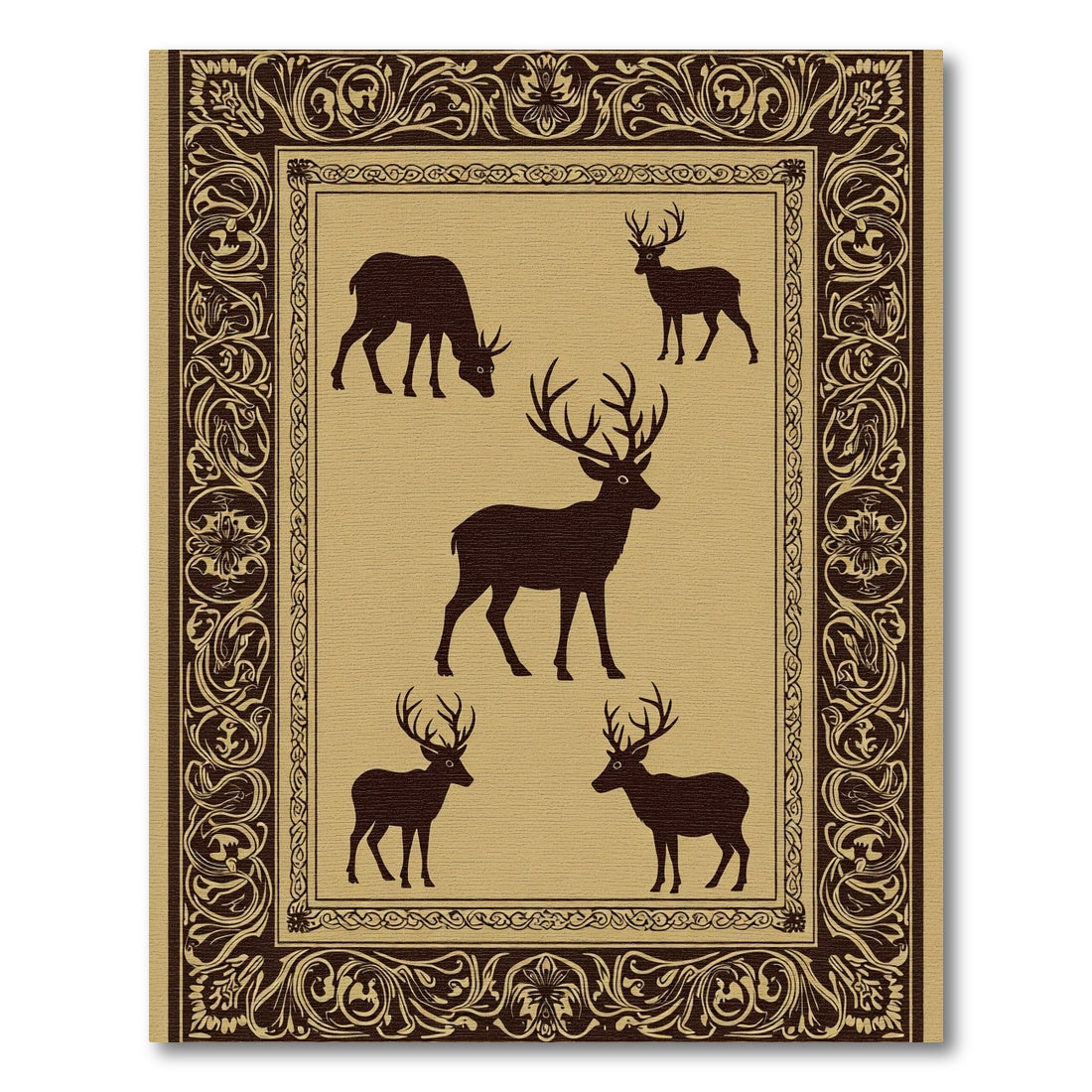 Rich Brown Majestic Deer Forest Border Rug