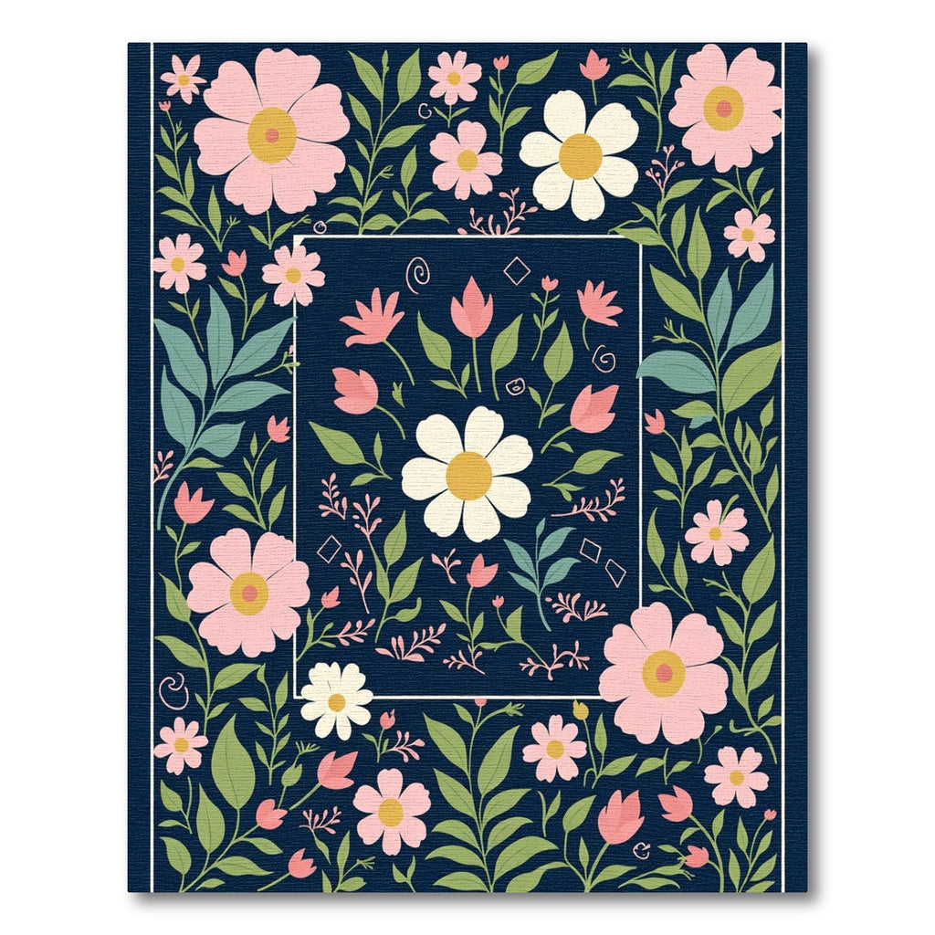 Navy Blue Floral Garden Artwork Rug