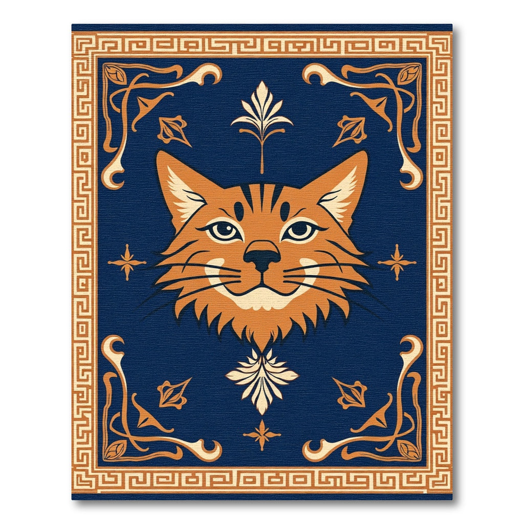 Orange Cat Blue Geometric Border Rug