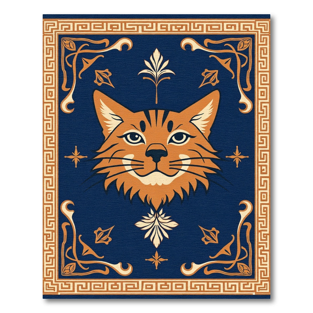 Orange Cat Blue Geometric Border Rug
