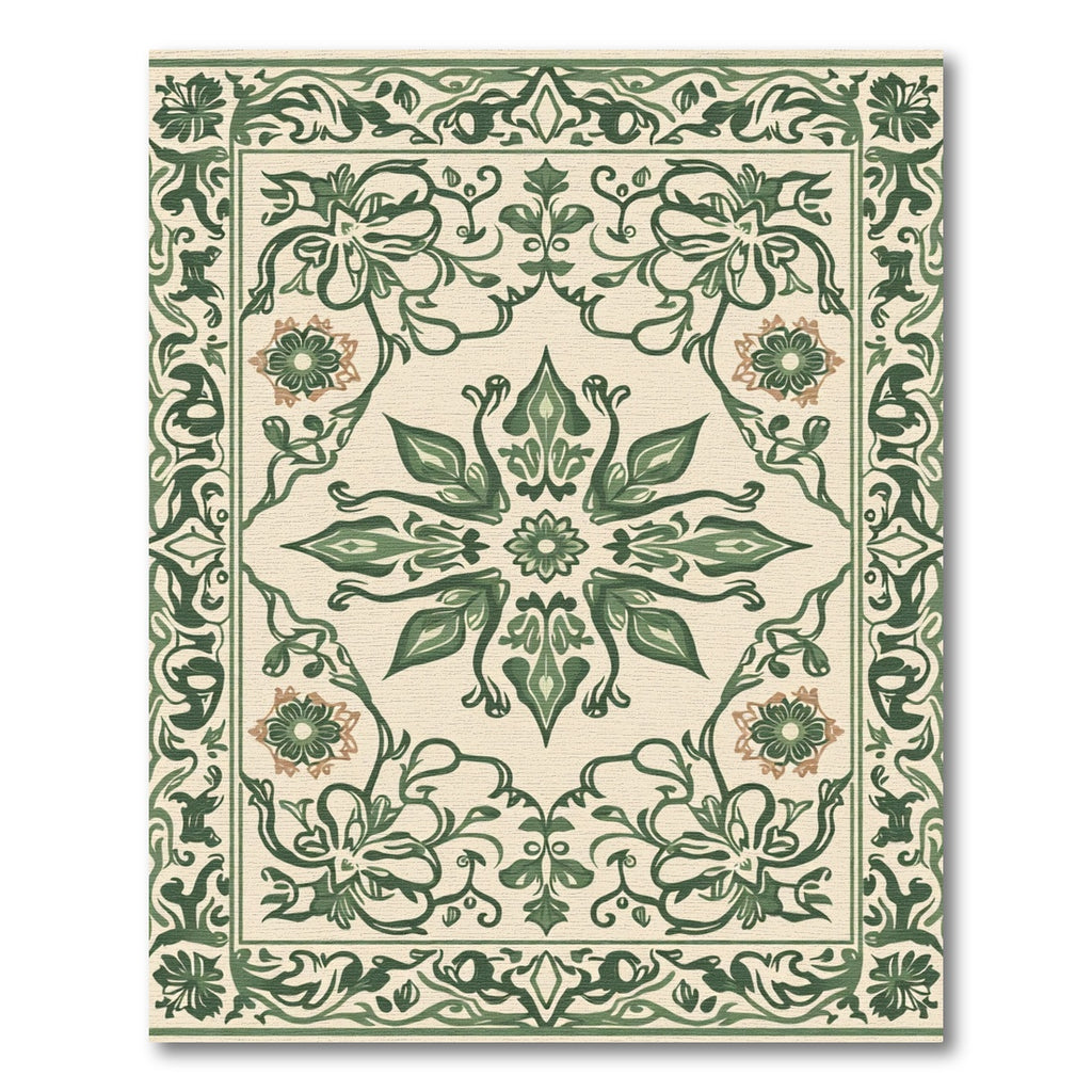 Green Floral Medallion Cream Border Rug