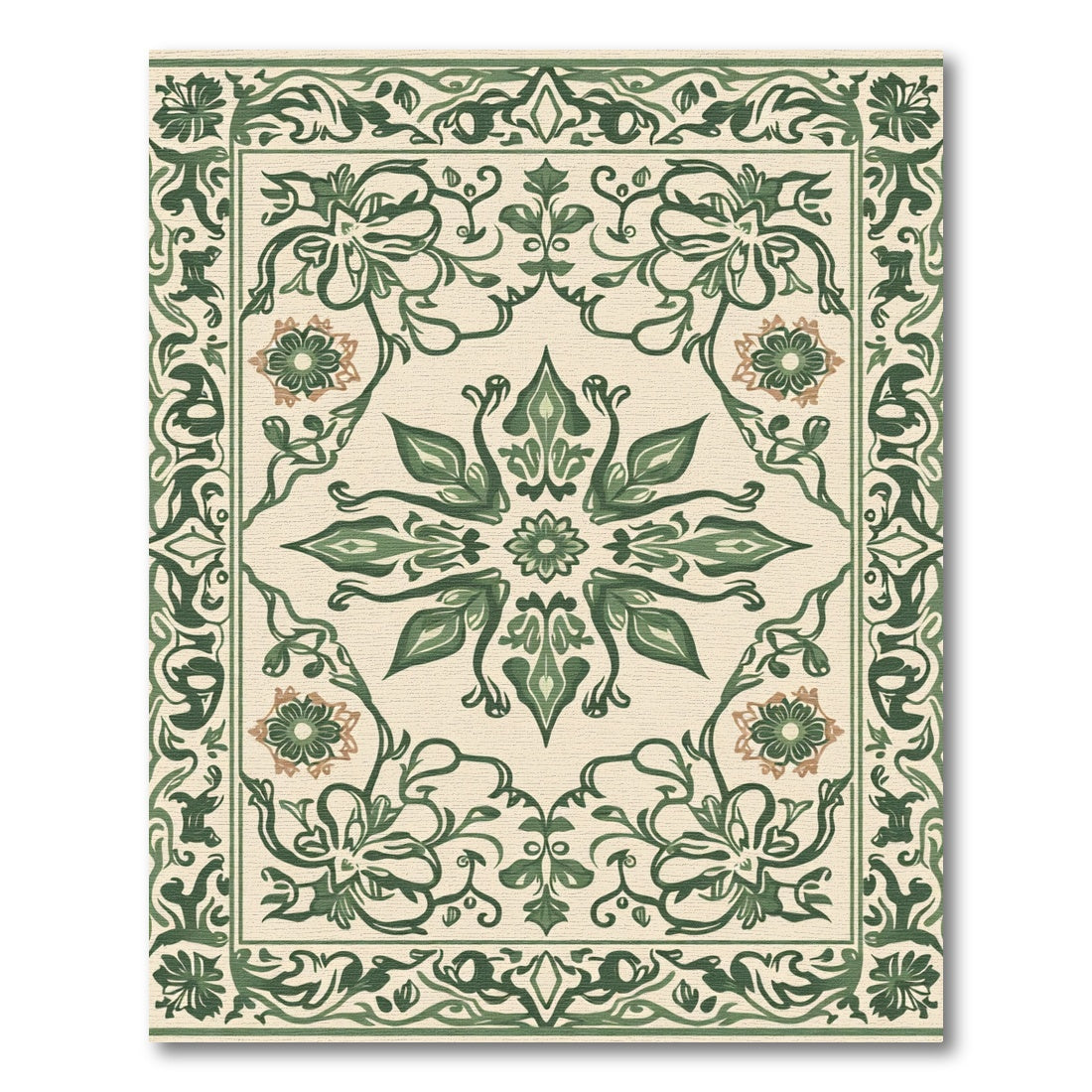 Green Floral Medallion Cream Border Rug