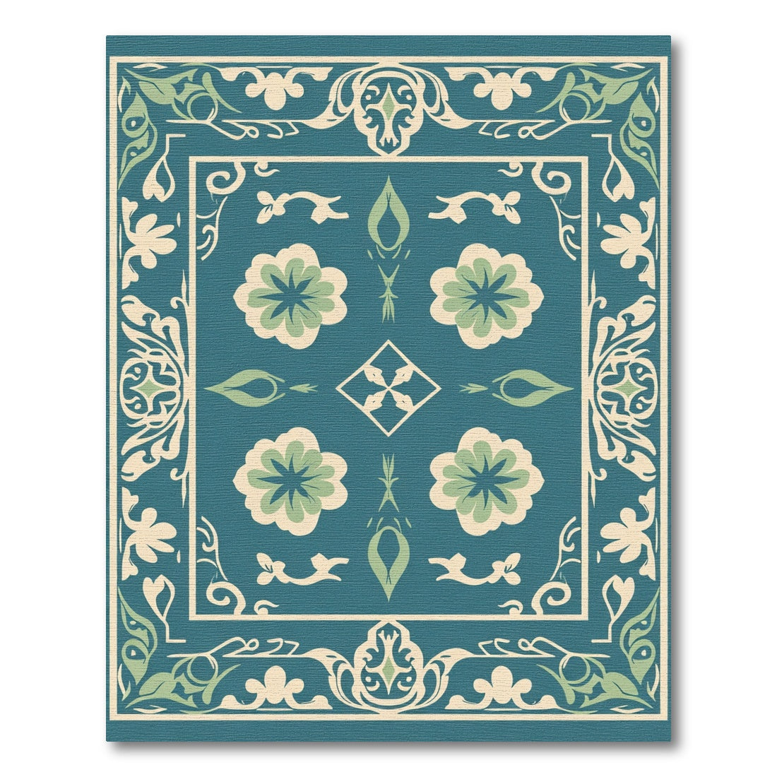 Teal and Cream Floral Medallion Rug