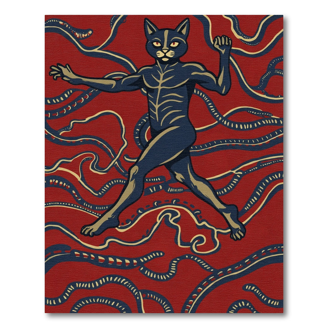 Red Indigo Cat Figure Waves Rug