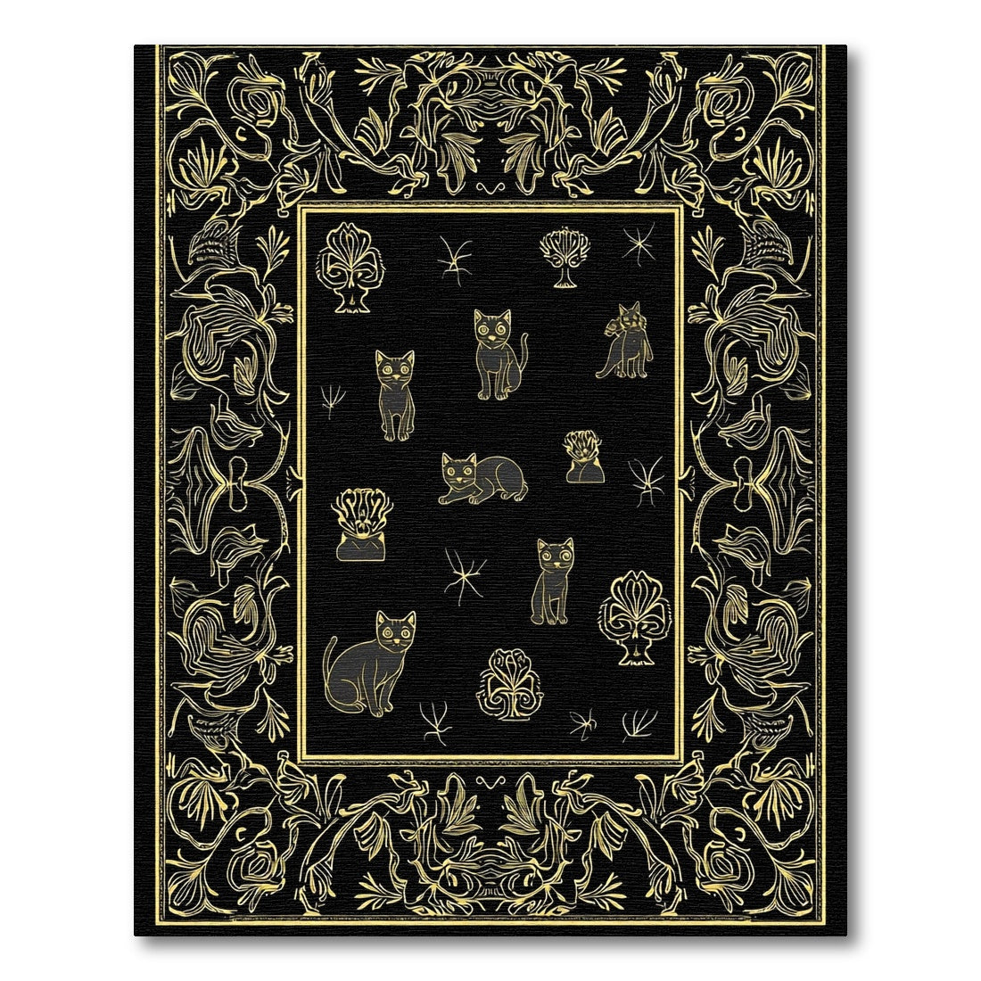 Black Gold Feline Floral Regal Frame Rug