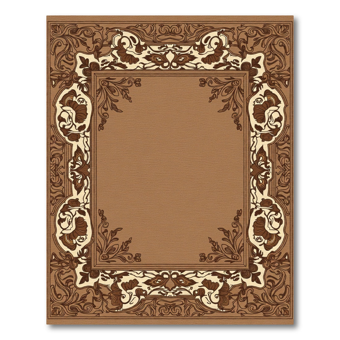 Ornate Brown Floral Frame Rug