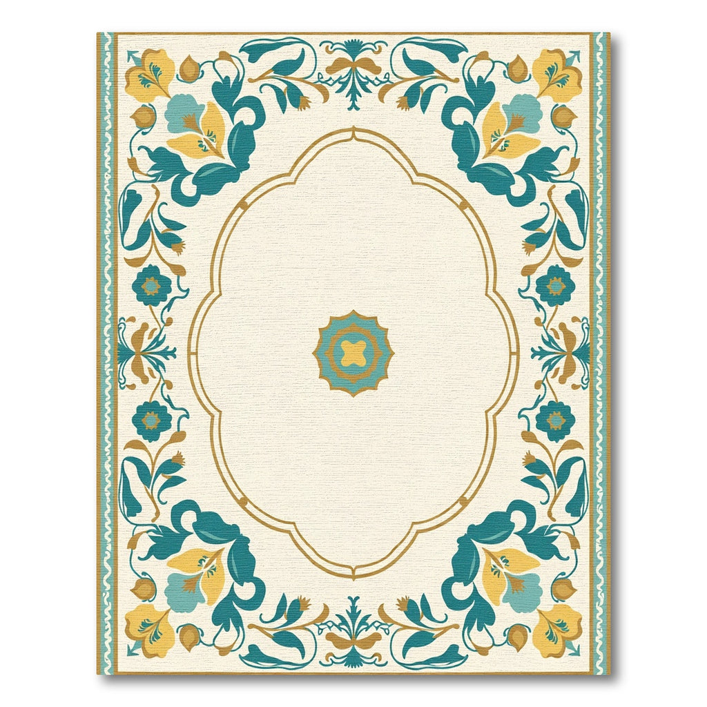 Golden Teal Floral Arch Border Rug