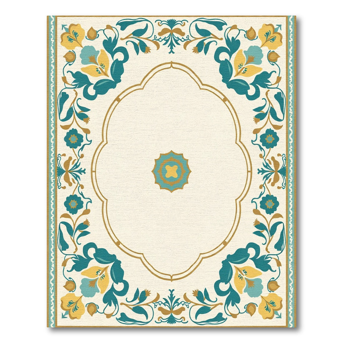 Golden Teal Floral Arch Border Rug