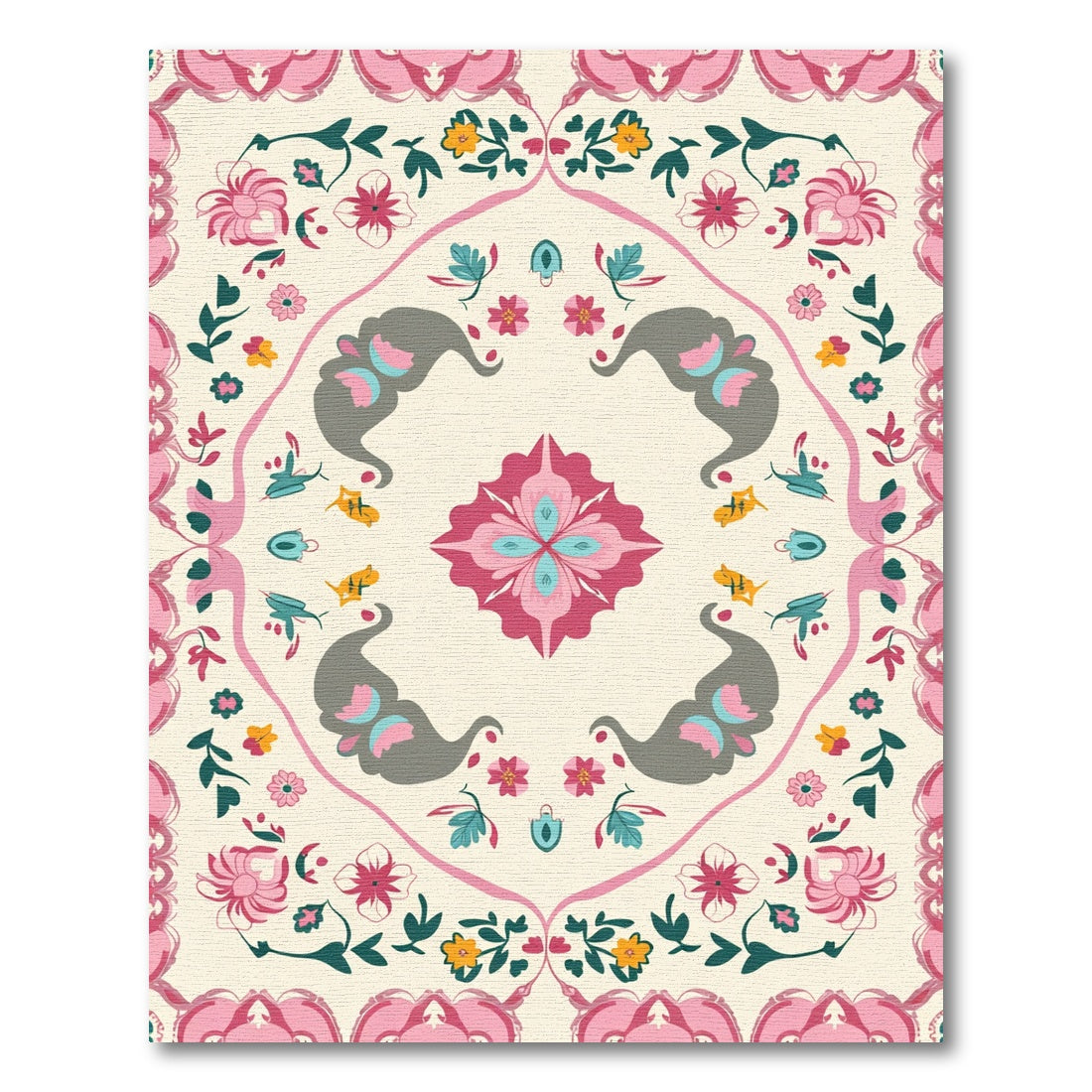 Pink Gray Elephant Floral Mandala Rug
