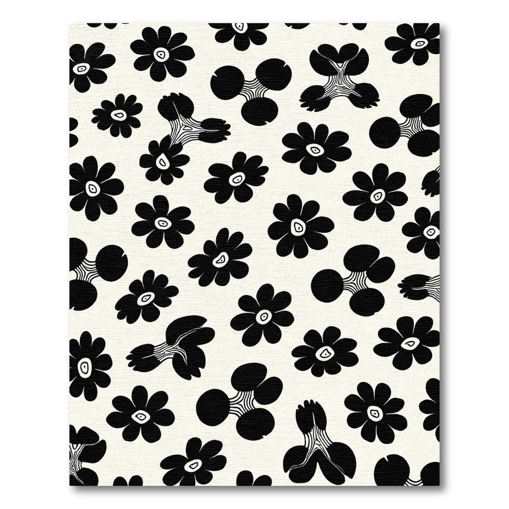 Black White Mid Century Flower Garden Rug