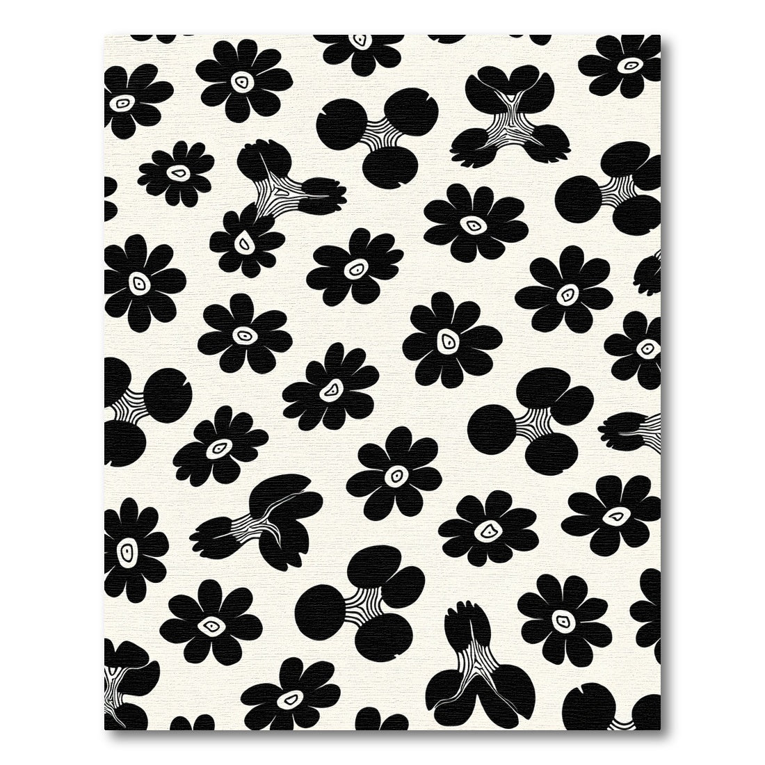 Black White Mid Century Flower Garden Rug