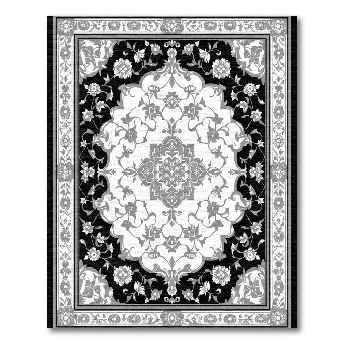 Monochromatic Floral Scroll Medallion Border Rug