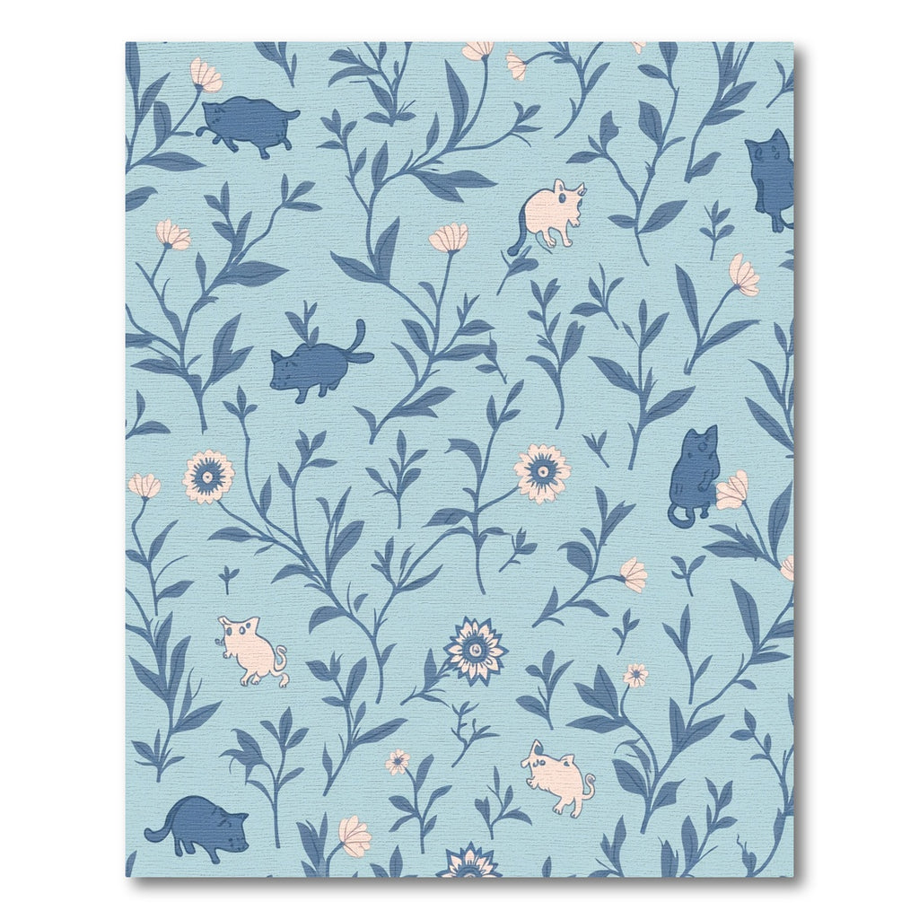 Blue Whimsical Floral Cats Rug