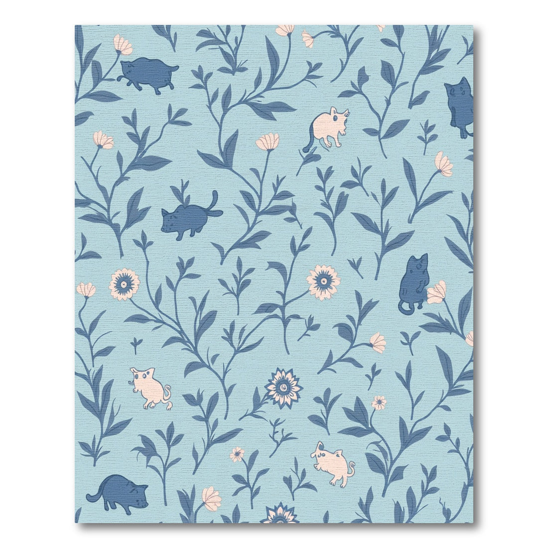Blue Whimsical Floral Cats Rug