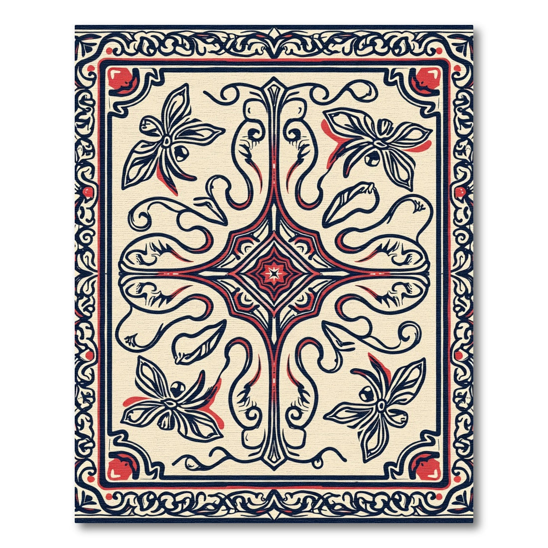 Elegant Ivory Red Butterfly Swirl Rug